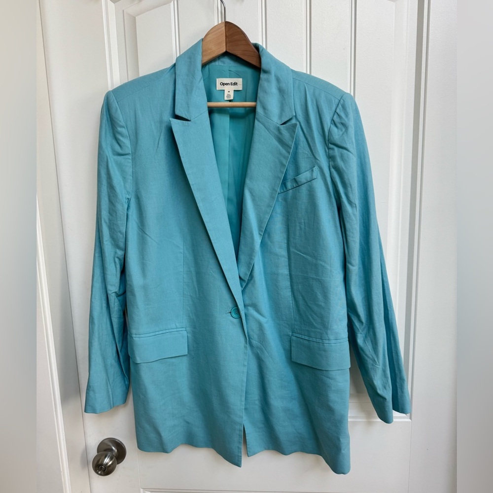 Open Edit aqua blue Linen blend oversized one button blazer. Size M